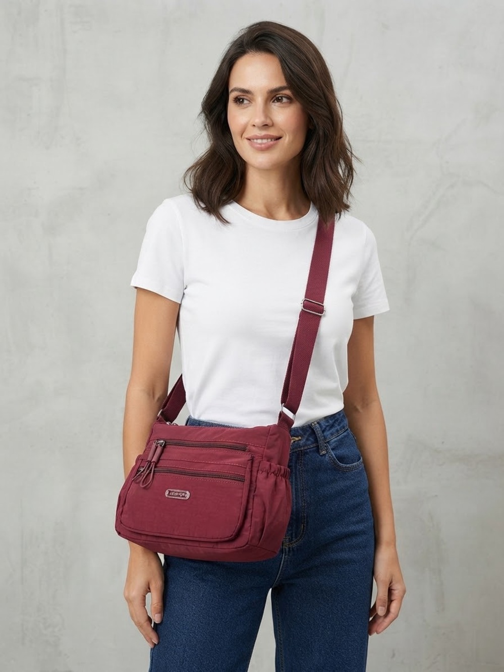 Everyday Burgundy Crossbody Bag with Multiple Zips - Unbranded